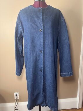 Muji Dark Blue Denim Collarless Trench Coat, Oversized, Lagenlook